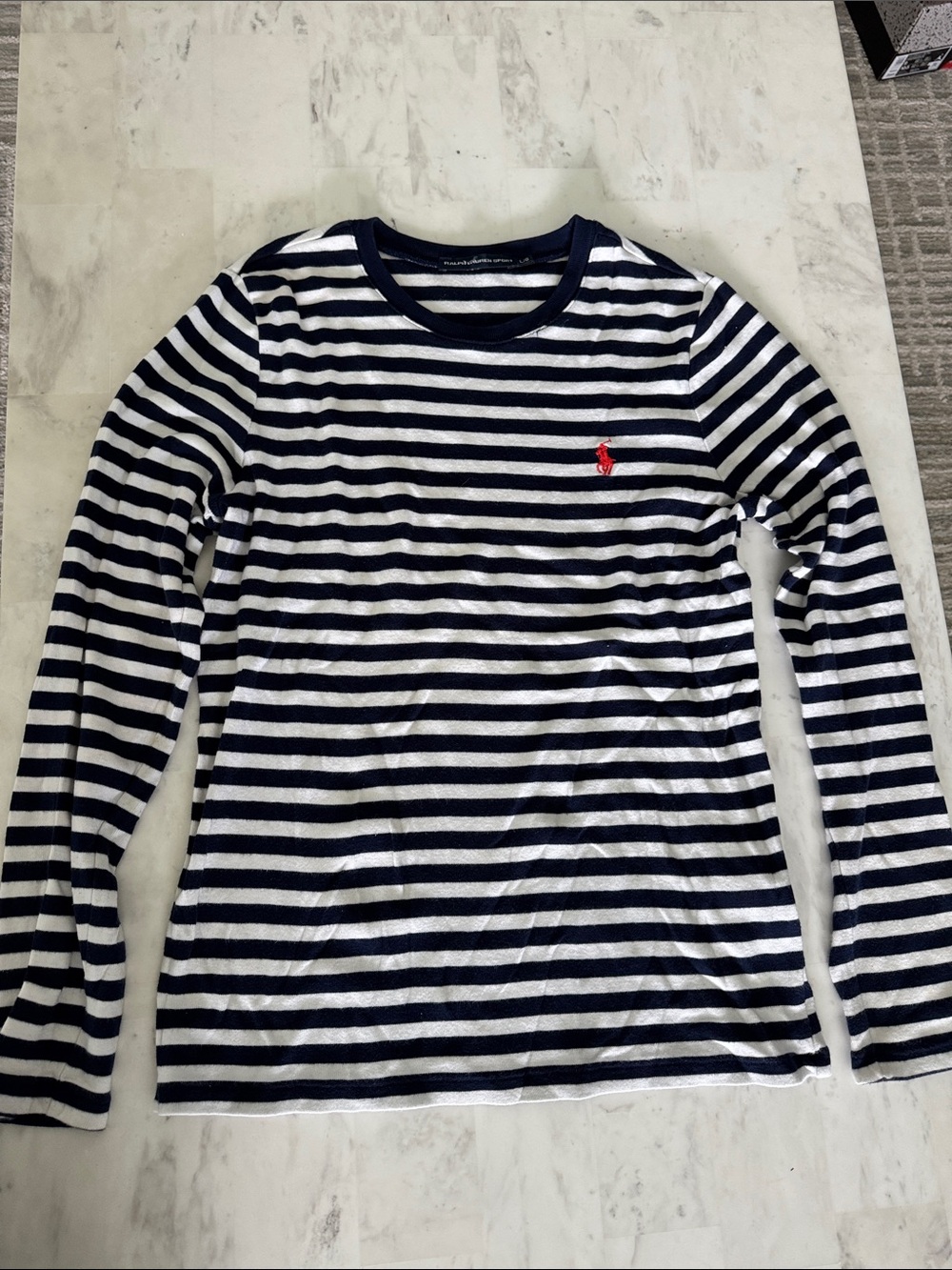 Ralph Lauren Navy & White Striped Long Sleeve Tee with Red Pony
